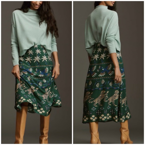 FARM RIO Midi Green Animal Tropical Skirt SZ XL - Picture 1 of 7